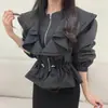 Otoño Coreano Dongdaemun Moda Francesa Simple Adorno de Volantes Cintura con Cordón Gabardina Corta Chaqueta con Cremallera