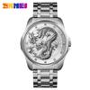 SKMEI Moda Estilo Chino Tótem Dragón Grabado Correa de Acero Inoxidable Reloj Calendario de Negocios para Hombre