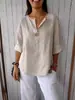 Top de Algodón y Lino de Manga Media Estilo Europeo de Moda de Hong Kong, Nuevo Top de Manga Corta Primavera/Verano con Diseño de Cuello en V, Tallas Grandes para Mujer
