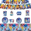 Platos de Papel de Sonic, Vasos de Papel, Servilletas, Vajilla Desechable para Fiestas, Accesorios de Decoración de Cumpleaños, Banderines, Espirales Colgantes y Serpentinas