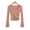 Camiseta de manga larga con cuello cuadrado y gofre de estilo europeo y americano para mujer, primavera y verano 2023, nueva camiseta corta plisada y ajustada para chica sexy