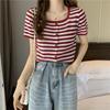 Estilo Verano Transfronterizo Nuevo Cuello Cuadrado Delgado Rayado Punto Camiseta Corta Top de Manga Corta Camiseta Básica para Mujer Ins Trbottom