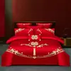 Conjunto de cama de quatro peças para casamento em algodão de fibra longa de luxo, 100% algodão, algodão puro, capa de edredom bordada para casamento, lençol de baixo e fronhas, novo conjunto de cama de seis peças para casamento