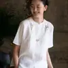 Camisa Pulóver de Algodón y Lino Bordada de Color Sólido para Mujer, Estilo Delgado de Verano, Suave y Cómoda, Ropa de Té Inspirada en el Zen, Top Básico de Manga Corta