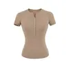 Camiseta de Manga Corta Henley con Cintura Alta Elástica Adelgazante, Versátil de Verano, Ajustada, Color Sólido, Camiseta Básica Deportiva Casual para Mujer
