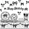 Mm344 Vajilla Negra con Moño Fiesta Set de Cuatro Piezas para 8 Personas Estilo Oscuro Plato de Papel Decorativo Servilleta de Papel Vaso de Papel Combinación