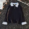 Suéter Tejido Unisex Estilo Preparatoria Americana Falso de Dos Piezas Trenzado Otoño Parche Cuello Polo Reductor de Edad Juvenil