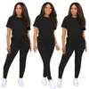 D9276 Amazon Caliente Moda Casual Europea y Americana para Mujer Color Sólido Cuello Redondo Manga Corta Pantalones Conjunto de Dos Piezas
