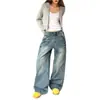 Jeans Elegante com Rivets Lavados de Raio de Baixa Cintura Reto para Mulheres, Calças Largas Vintage Lavadas para Outono Tendência