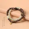 Pulsera de Doble Círculo de Madera de Águila Verde y Jade Hetian con Colgante de Paz de Oro Arena y Accesorios de Calabaza de Jade Hetian