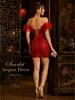 Vestido de fiesta mini ajustado de lentejuelas rojas estilo europeo y americano, diseño de un solo hombro con mangas volantes, un vestido sexy y elegante para eventos nocturnos