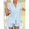 Conjunto de Ropa para el Hogar para Mujer en Primavera, Verano y Otoño, Conjunto Casual de Moda a Rayas con Forma de Corazón con Pantalones Cortos Elásticos y Conjunto de Pijama