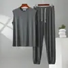 Conjunto de Dos Piezas para Hombre de Modal con Cuello Alto y Pantalones de Linterna, Traje de Casa Casual Delgado Suelto de Verano Tallas Grandes
