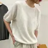 Estilo simple, elegante suéter de punto 100% lana pura con cuello redondo, manga corta, corte holgado, jersey, camiseta básica, manga corta