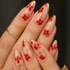 Parches Decorativos Reutilizables de Uñas Postizas Dorados con Forma de Almendra, Borde Francés Rojo y Patrón de Flores