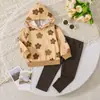Conjunto con Capucha de Cuadros Caqui y Flores Pequeñas para Bebés Niños y Niñas Sudadera Holgada de Manga Larga Pantalones Largos de Color Sólido Conjunto Casual para Bebé
