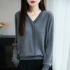 Suéter de Punto Fino Transfronterizo Otoño e Invierno 2025 Nuevo para Mujer Holgado de Cuello V con Volantes y Encaje Patchwork Camiseta Base