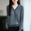 Suéter delgado de lana fina de punto cruzado 26 otoño/invierno nuevo para mujer, suelto, cuello en V, con volantes y encaje