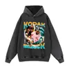 Sudadera con capucha para hombre, talla grande, vintage, estampada, lavada y desgastada, cuello redondo, callejera, algodón puro, holgada, con estampado de flores fritas