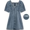 Vestido Jeans Feminino Verão Estilo Francês Elegante Cintura Apertada Manga Curta Bufante Saia Longa Curta Tamanho Grande Saia de Manga Curta