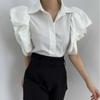 Camisa corta de color liso con solapa y mangas abullonadas grandes de estilo coreano para mujer, camisa informal de moda de verano
