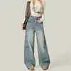Jeans largo de algodão azul claro de alta qualidade em formato de pera para mulheres, novo estilo americano moderno, calças casuais largas de cintura alta, fluidas e com corte curvo