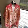 Bufanda de Estilo Étnico para Mujer, Bufanda de Seda para Protección Solar de Primavera y Otoño, Chal Exterior de Verano, Chal Rojo Floral de Alta Gama
