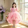 Vestido de noite longo com cauda para menina, mangas bufantes com rosa 3D, barra larga, saia fofa, aniversário de menina, apresentação de piano, atacado