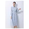 Vestido con Cuello Bordado para Mujer Mangas Largas Tipo Farol Cintura Ajustable con Cordones Falda de Línea A de Longitud Media Ropa Transfronteriza para Mujer Europea y Americana