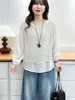 Camisa top de moda para mujer talla grande de principios de otoño, manga larga, irregular, hueco, patchwork, adelgazante, imitación de dos piezas