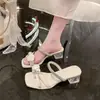 Sandalias de verano para mujer estilo hada con estampado floral, modelo nuevo verano 2025, tacón de bloque con pedrería deslumbrante, elegantes mules franceses