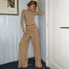Conjunto Popular de Punto Acanalado Off-Shoulder y Pantalones de Pierna Ancha para Otoño e Invierno, Transfronterizo Europeo y Americano, Pijama, Ropa de Casa para Mujer