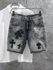 Pantalones cortos de mezclilla de verano con estampado de cruz transfronterizos al por mayor para hombre, pantalones de estilo callejero hip-hop europeo y americano con diseño holgado único