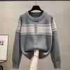 Cárdigan de Punto Jacquard con Cuello Redondo para Mujer 2026 Primavera Otoño Nueva Moda Holgado Bloque de Color Versátil Cálido Abrigo Suéter Invierno