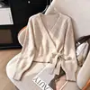 AliExpress Wish Moda Femenina Primavera y Otoño Top de Nudo Corto Cuello en V Simple Color Sólido Cruzado Suéter de Punto Irregular