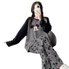 Pijama nuevo estilo 2026 con sujetador incorporado, para mujer, de manga larga, pierna larga, jersey de primavera/otoño, bonito conjunto de ropa de estar de dibujos animados