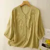Camisa Retrô Artística Estilo Chinês Novo Verão 2026 com Botões Decorativos, Acabamento em Renda Bordada e Cor Sólida