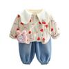 Conjunto de Ropa de Primavera y Otoño para Niñas con Estampado de Corazón, Conjunto de Ropa Infantil de Tres Piezas de Pana y Pantalones Largos de Mezclilla Lote Trendy