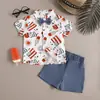 Ropa de Verano para Niños Conjunto Infantil Europeo y Americano del Día de la Independencia con Estampado de Estrellas y Flores Camiseta y Shorts para Bebé Conjunto de Dos Piezas