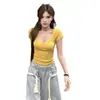 Camiseta Feminina Manga Curta Gola V, Verão 2026 Slim Fit Roupa Íntima com Design Estiloso, Top Curto Simples e Emagrecedor, Top Versátil da Moda