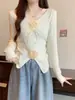 Deseo Puro Encaje de Costura Diseño de Flor Primavera Nuevo Suéter Ajustado Adelgazante de Manga Larga Camisa de Punto Top Corto