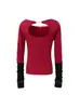 Camiseta de Manga Larga con Bloques de Color Estilo Americano para Mujer, Nuevo Modelo de Primavera con Estampado de Cruz y Tachuelas, Top Corto Ajustado
