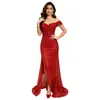 Vestido de noche de lentejuelas off-the-shoulder estilo sirena para mujer, con abertura larga, corte ajustado, elegante vestido de anfitriona de fiesta con una lujosa cola