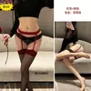 Medias de seda negras, sexys, de encaje, de una pieza, con tirantes, medias de seda negras emocionales para mujer, largas, de barril, hasta la mitad de la rodilla, con borde rojo.