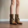Versão em couro macio ~ Patchwork estilo deserto, modernas, botas western retrô para mulheres, com design em lona, tiras e detalhe de laço, em estilo de bota curta