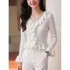 Nuevo Suéter de Punto con Cuello Volante Blanco para Mujer Otoño Manga Larga Adelgazante Vintage