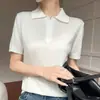 Polo de Lana Fina con Cuello de Pico, Tejido de Manga Corta, Verano, Estilo Nuevo, Solapa, Media Cremallera, Top Holgado de Color Sólido, Manga Corta para Mujer