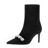 Comércio Exterior Transfronteiriço Sapatos Femininos Botas Curtas de Salto Alto Camurça Preta Novo Estilo 2026 Bico Fino de Strass Francês Salto Agulha Botas Elásticas