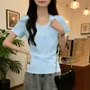 Camiseta Verde Menta com Gola U e Manga Curta Regular para Mulheres, Modelagem Justa, Novo Estilo 2026, Top Curto com Decote Amplo, Emagrecimento e Definição da Cintura para o Verão