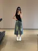 Jeans crop vintage lavados rasgados estilo coreano para mujer, pantalones rectos casuales holgados de pierna ancha de cintura alta adelgazantes para verano
